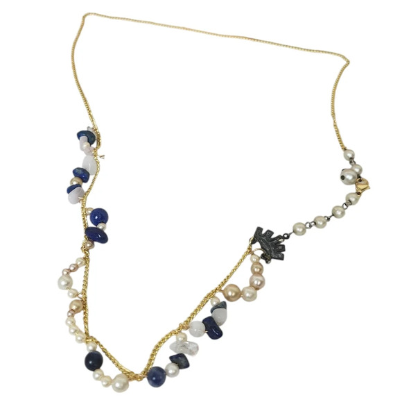 14k Gold Plated Faux Sapphire Clear Quartz Pearl Lapis Necklace - Picture 2 of 4
